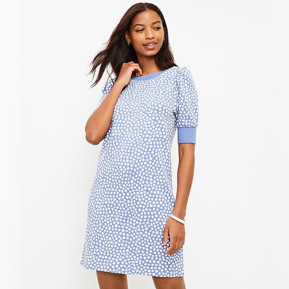 LOFT Dresses & Skirts - LOFT Dotted Puff Sleeve BLUE Sweatshirt Dress Polka Dot Ann Taylor - XS